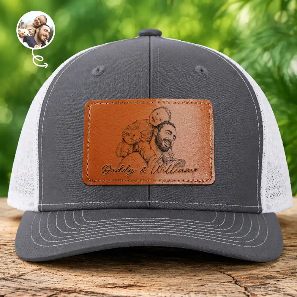 Custom Photo Pencil Sketch Family Dog Cat Portrait - Personalized Leather Patch Hat