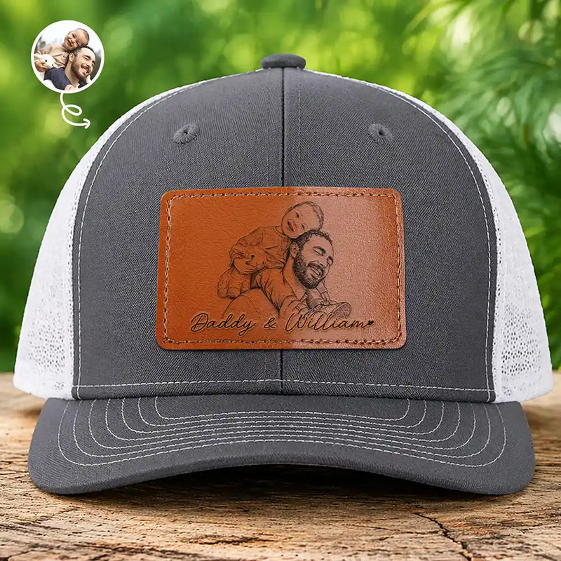 Gift For Mother,Gift For Father,Love,New Dad,New Mom - Custom Photo Pencil Sketch Family Dog Cat Portrait - Personalized Leather Patch Hat