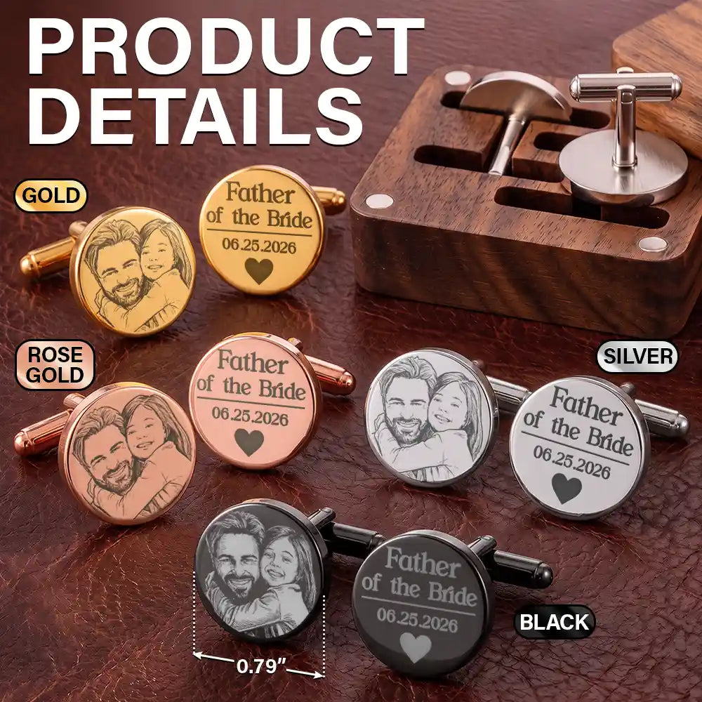 Art Design,Sentimental,Gift For Father,Wedding,Photo - Pencil Sketch - Bold,Custom Text - Custom Photo Pencil Sketch Father Of Bride Groom Team Groom Wedding Favors - Personalized Circular Cufflinks
