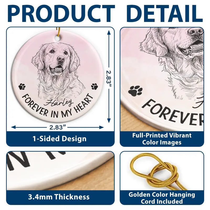 Art Design,Sentimental,Christmas,Pet Lovers,Memorial,Photo - Pencil Sketch - Remove BG - Custom Photo Pencil Sketch Forever In My Heart Memorial - Personalized Circle Ceramic Ornament