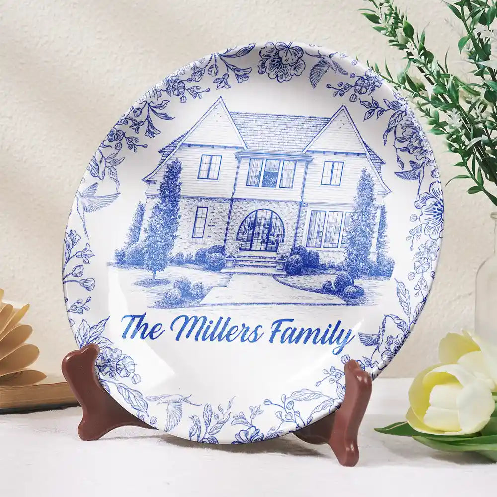 Custom Photo,Family,Happy - Custom Photo Pencil Sketch House Sketch Where Love Never Ends - Personalized Ceramic Plate
