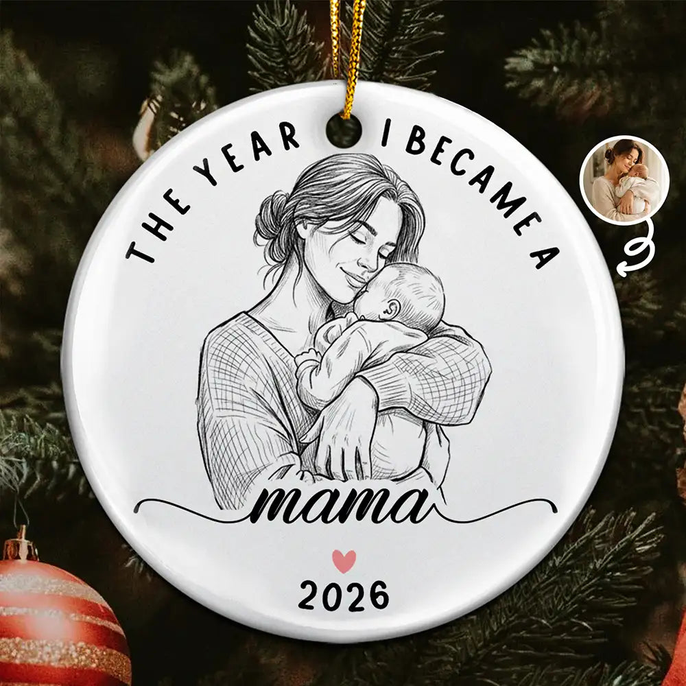 Custom Photo Pencil Sketch I Became A Mama Mom - Personalized Circle Ceramic Ornament