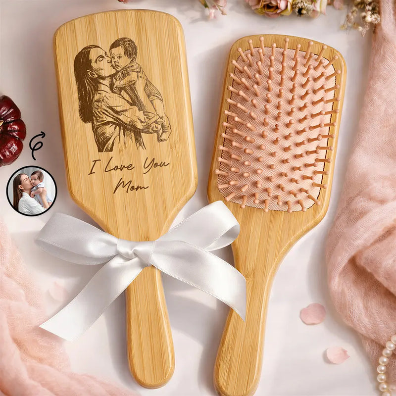 Love,Mom - Daughters (Adult),Mom - Daughters (Young),Gift For Mother,Gift For Wife,Gift For Women,Gift For Grandma - Custom Photo Pencil Sketch I Love You Mom Grandma - Personalized Wooden Hair Brush