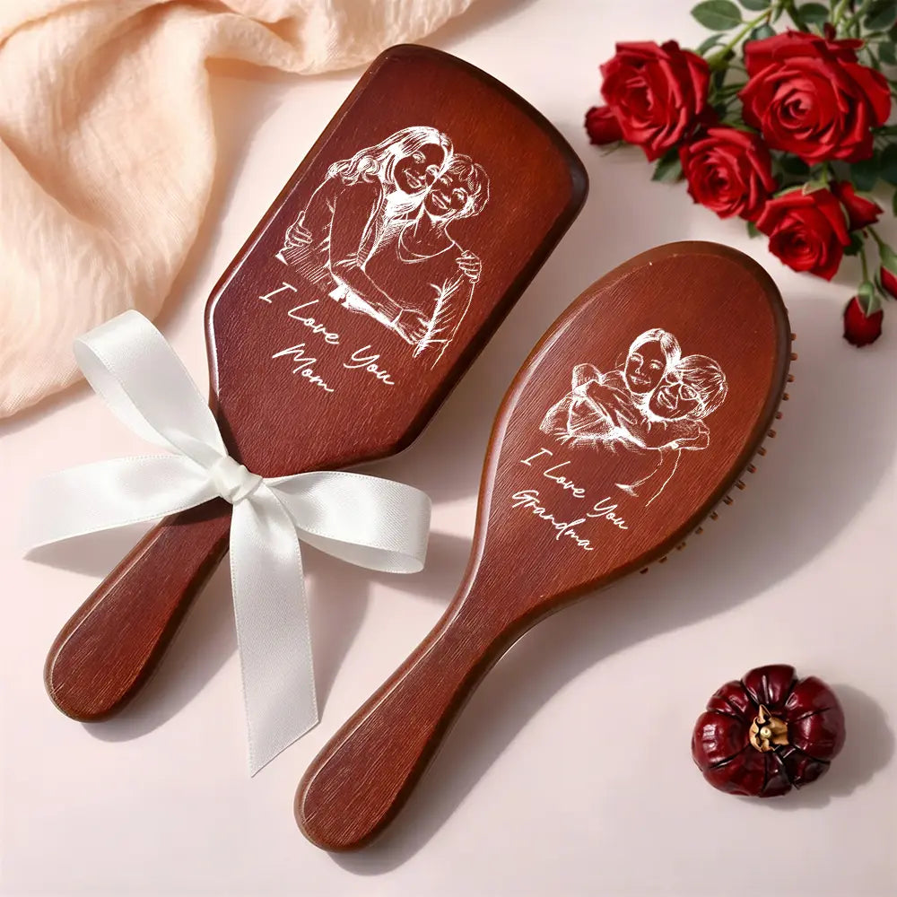 Love,Mom - Daughters (Adult),Mom - Daughters (Young),Gift For Mother,Gift For Wife,Gift For Women,Gift For Grandma - Custom Photo Pencil Sketch I Love You Mom Grandma - Personalized Wooden Hair Brush