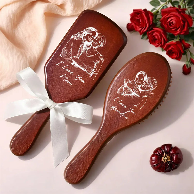 Love,Mom - Daughters (Adult),Mom - Daughters (Young),Gift For Mother,Gift For Wife,Gift For Women,Gift For Grandma - Custom Photo Pencil Sketch I Love You Mom Grandma - Personalized Wooden Hair Brush