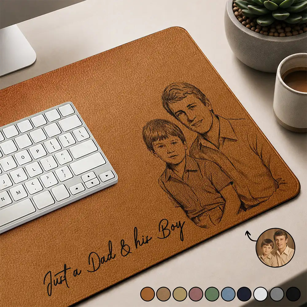 Custom Photo Pencil Sketch Just A Dad And His Girl - Personalized Leather Desk Mat