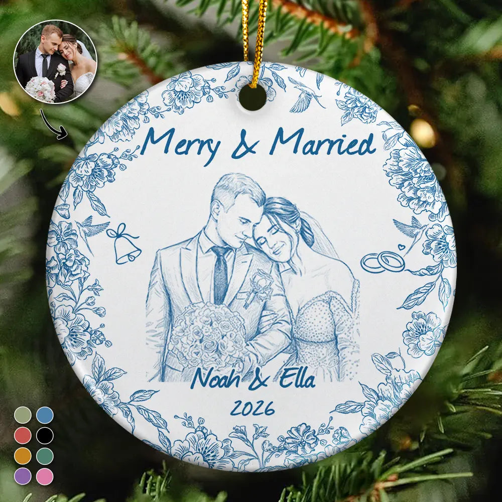 Custom Photo Pencil Sketch Merry & Married First Christmas Couple - Personalized Circle Ceramic Ornament