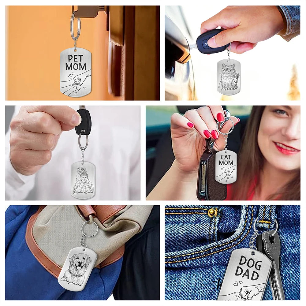 Pet Lovers,Pet Mom,Pet Dad,Dog Lovers,Dog Mom,Dog Dad,Cat Lovers,Cat Mom,Cat Dad,Non-Eng,Photo - Pencil Sketch,Adorable - Custom Photo Pencil Sketch Pet Dad Pet Mom - Personalized Aluminum Keychain