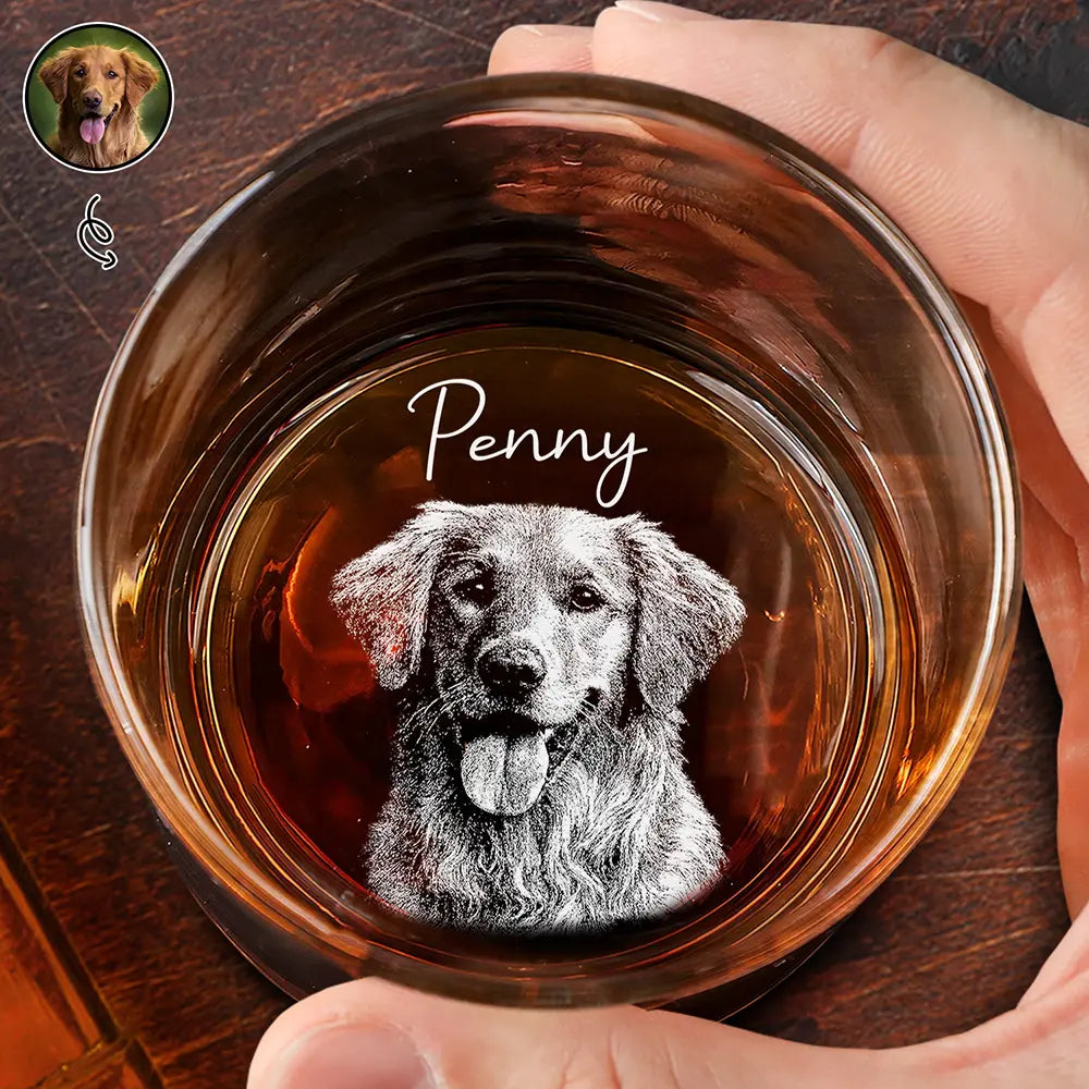 Pet Lovers,Pet Mom,Pet Dad,Dog Lovers,Dog Mom,Dog Dad,Cat Lovers,Cat Mom,Cat Dad,Happy - Custom Photo Pencil Sketch Pet Portrait - Personalized Whiskey Glass