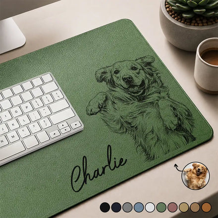 Custom Photo Bold Sketch Portrait Dog Cat With Name - Personalized PU Leather Desk Mat