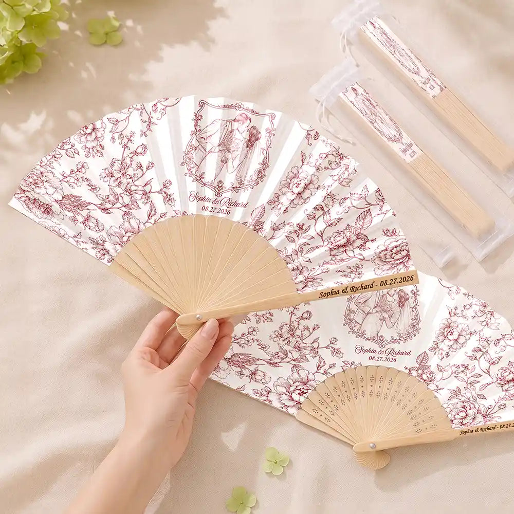 Grateful,Art Design,Gift For Bestie,Wedding,Photo - Pencil Sketch - Remove BG - Custom Photo Pencil Sketch Toile De Jouy Couple Wedding - Personalized Hand Folding Fans