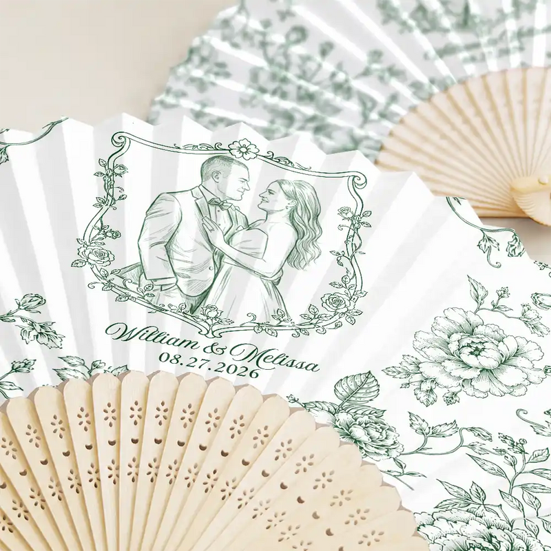 Grateful,Art Design,Gift For Bestie,Wedding,Photo - Pencil Sketch - Remove BG - Custom Photo Pencil Sketch Toile De Jouy Couple Wedding - Personalized Hand Folding Fans