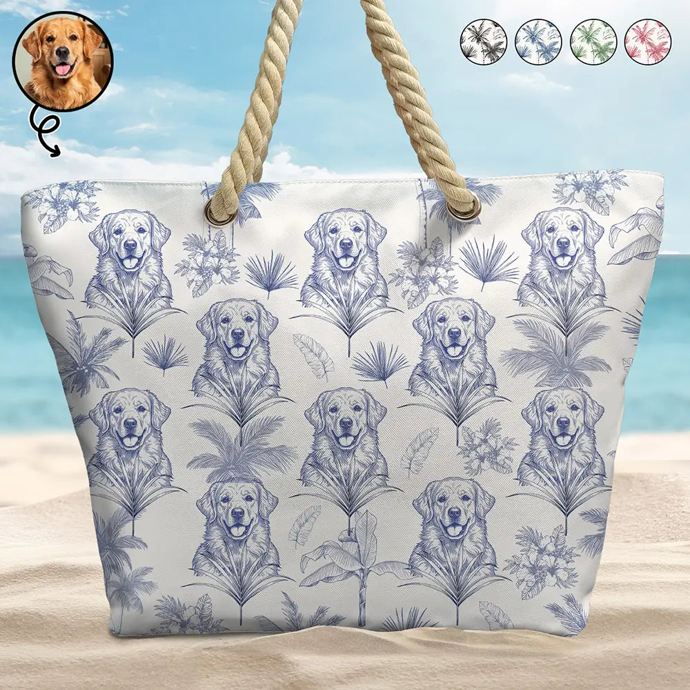 Custom Photo, Art Design, Summer, Pet Lovers, Playful, Photo - Pencil Sketch - Remove BG - Custom Photo Pencil Sketch Toile De Jouy Pattern Family Pet - Personalized Beach Bag