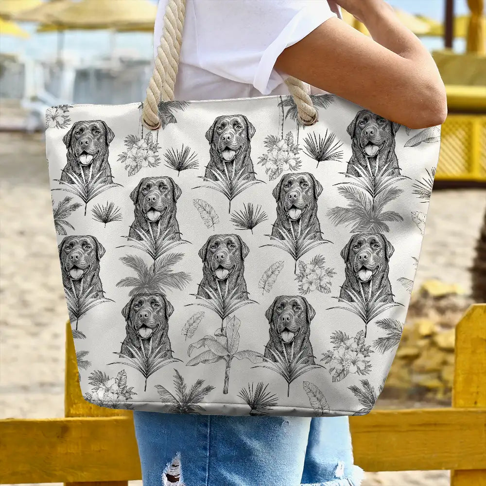 Custom Photo, Art Design, Summer, Pet Lovers, Playful, Photo - Pencil Sketch - Remove BG - Custom Photo Pencil Sketch Toile De Jouy Pattern Family Pet - Personalized Beach Bag