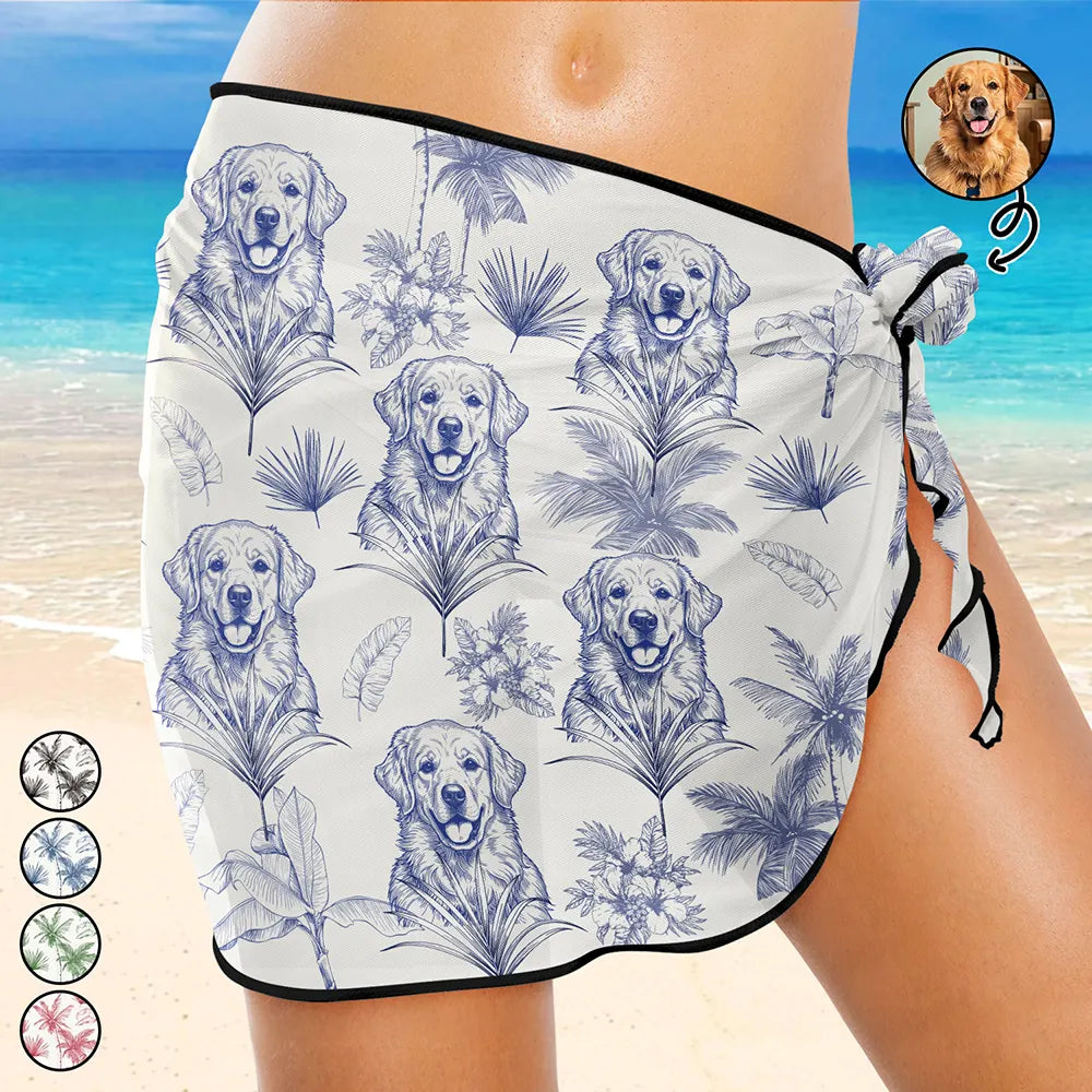 Custom Photo Ink Drawing Toile De Jouy With Tropical Pattern - Personalized Short Sarong Swimwear Cover Ups