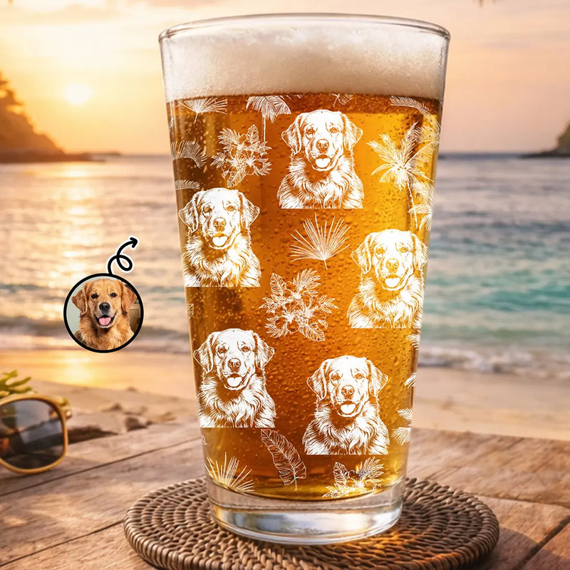 Custom Photo, Art Design, Summer, Pet Lovers, Playful, Photo - Pencil Sketch - Dark BG - Custom Photo White Pencil Sketch Art Toile De Jouy With Tropical Pattern - Personalized Beer Glass