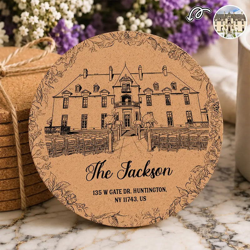 Art Design, Custom Photo, Romantic, Gift For Couples, Wedding, Photo - Pencil Sketch - Remove BG (For Landscape) - Custom Photo Pencil Sketch Wedding Venue Illustration - Personalized Cork Coaster
