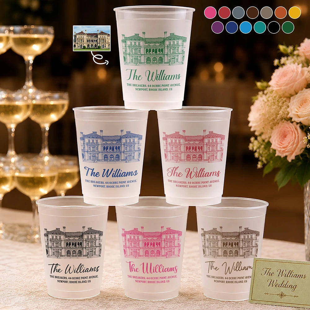 Custom Photo Pencil Sketch Wedding Venue Illustration - Personalized Frosted Cups