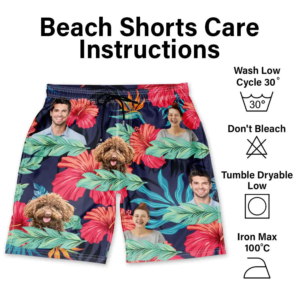 Summer, Custom Photo, Funny, Gift For Men, Gift For Yourself - Custom Photo People And Pet Faces Couple Dog Cat - Personalized Unisex Beach Shorts