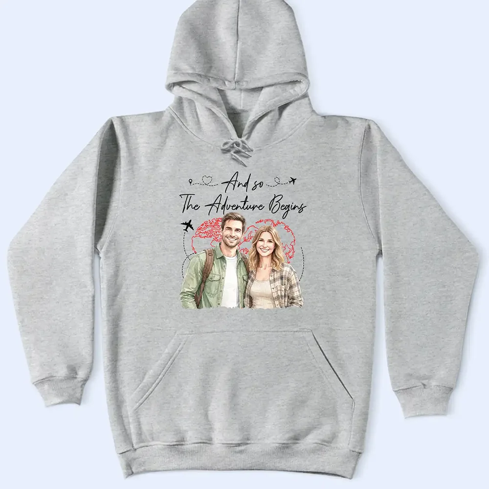 Art Design, Custom Photo, Romantic, Summer, Gift For Couples, Photo - Watercolor - Remove BG - Custom Photo Realistic Watercolor Art And So The Adventure Begins - Personalized T Shirt