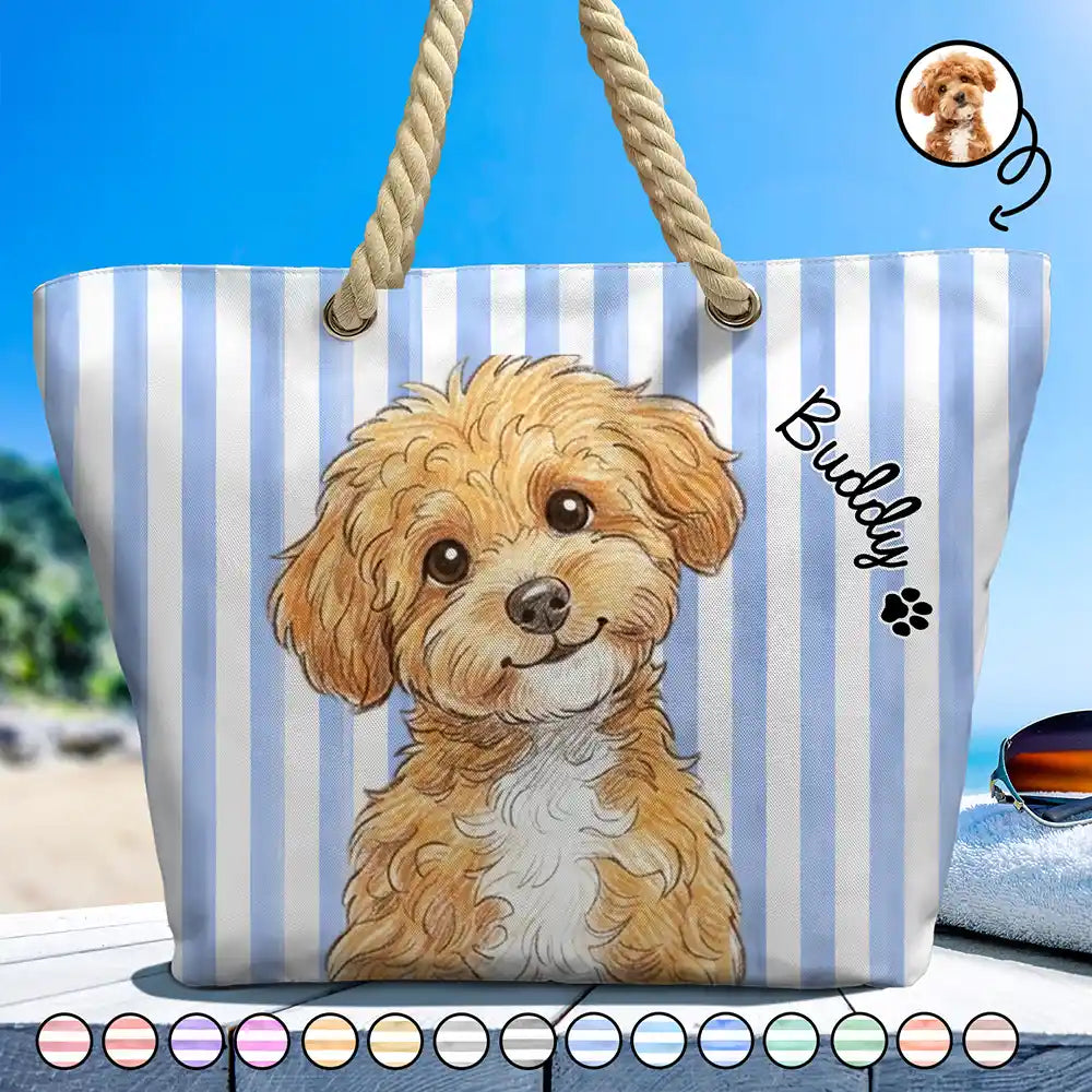 Custom Photo Colored Pencil Sketch Cute Dog Cat Stripe Pattern - Personalized Beach Bag