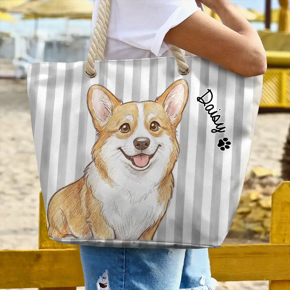 Custom Photo,Beach,Art Design,Summer,Pet Lovers,Adorable,Photo - Watercolor - Remove BG - Custom Photo Realistic Watercolor Art Cute Dog Cat Stripe Pattern - Personalized Beach Bag