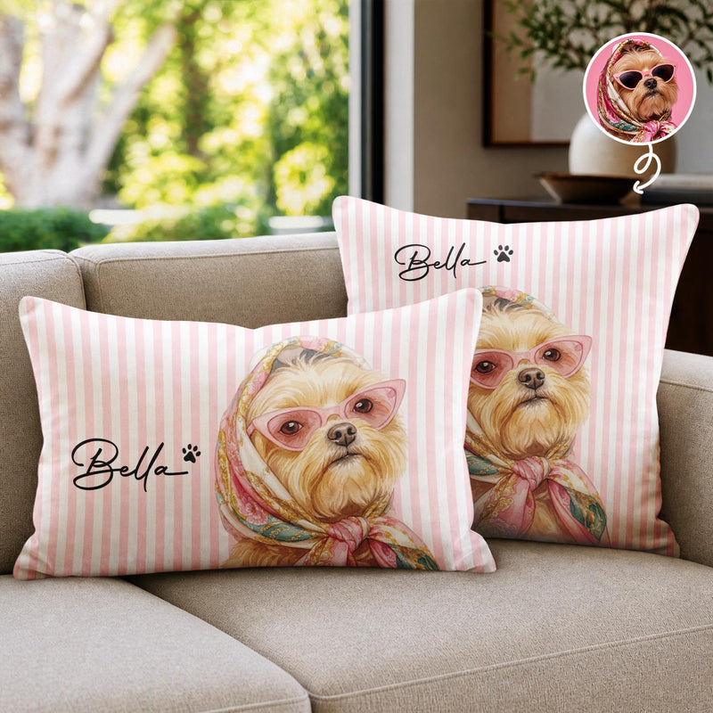 Top Market,Adorable,Art Design,Pet Lovers,Photo - Watercolor - Remove BG - Custom Photo Realistic Watercolor Art Dog Cute Portrait Striped Pattern - Personalized Pillow