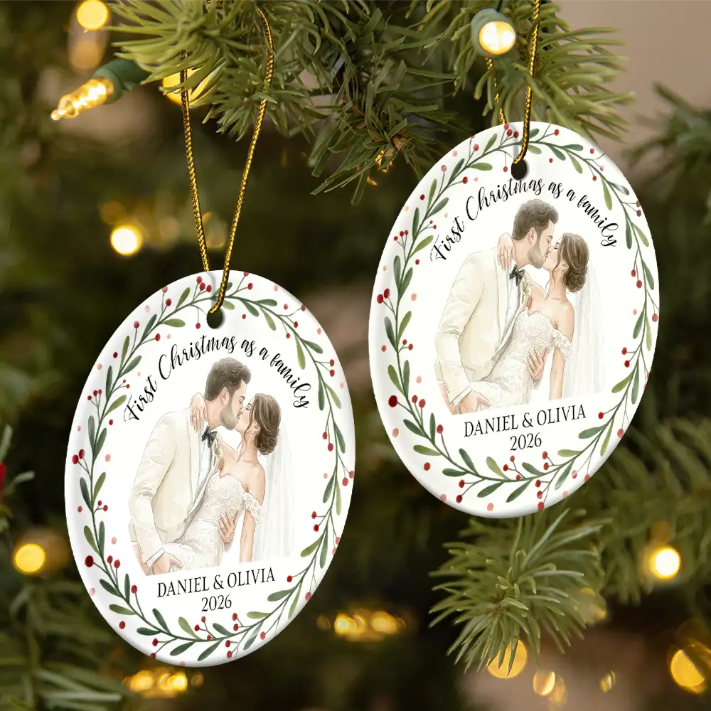 Art Design,Christmas,Married Couple,Romantic,Gift For Couples,Photo - Watercolor - Remove BG - Custom Photo Realistic Watercolor Art First Christmas As Mr. & Mrs. Wedding Couple - Personalized Circle Ceramic Ornament