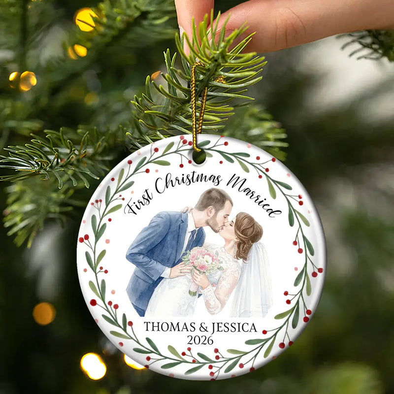 Art Design,Christmas,Married Couple,Romantic,Gift For Couples,Photo - Watercolor - Remove BG - Custom Photo Realistic Watercolor Art First Christmas As Mr. & Mrs. Wedding Couple - Personalized Circle Ceramic Ornament