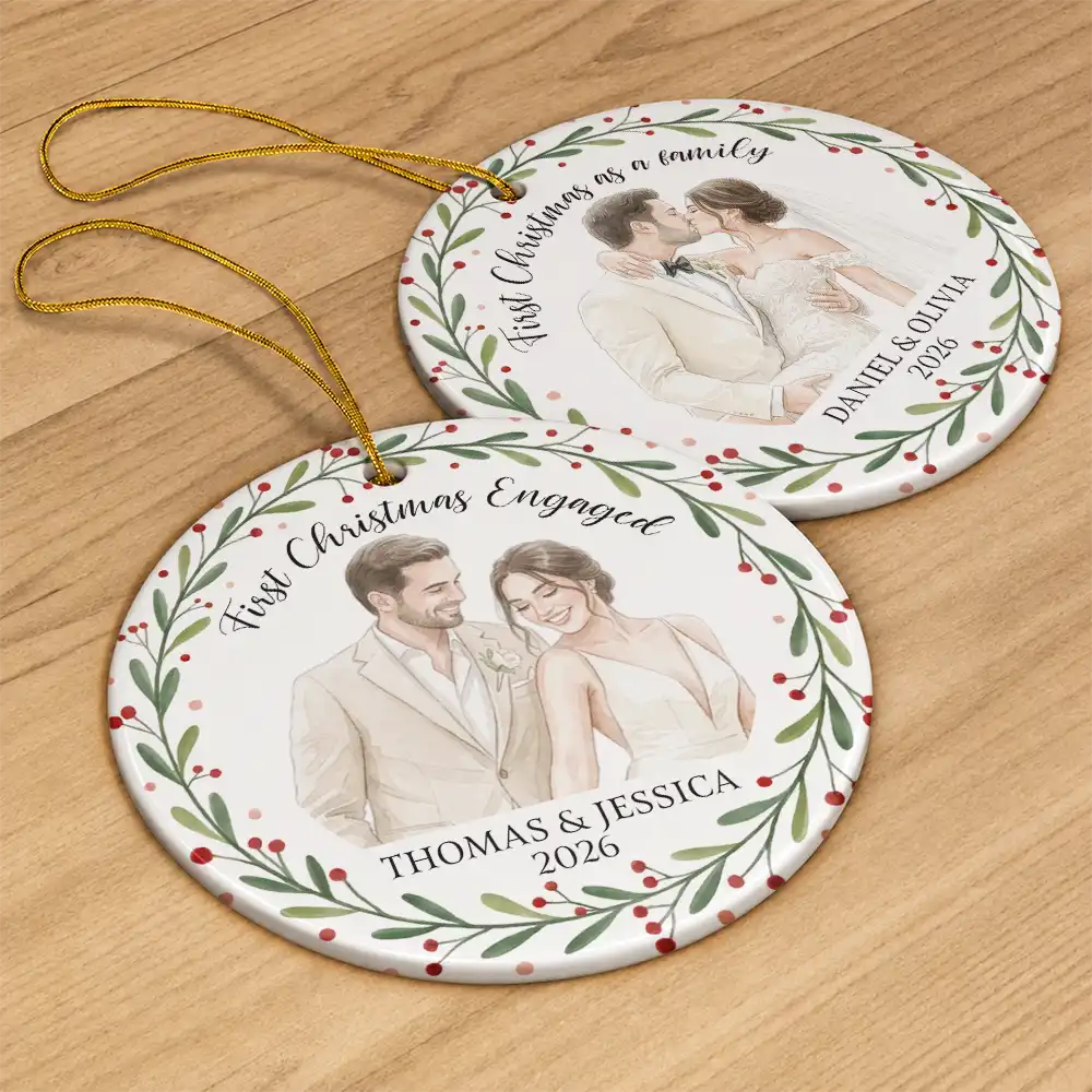 Art Design,Christmas,Married Couple,Romantic,Gift For Couples,Photo - Watercolor - Remove BG - Custom Photo Realistic Watercolor Art First Christmas As Mr. & Mrs. Wedding Couple - Personalized Circle Ceramic Ornament