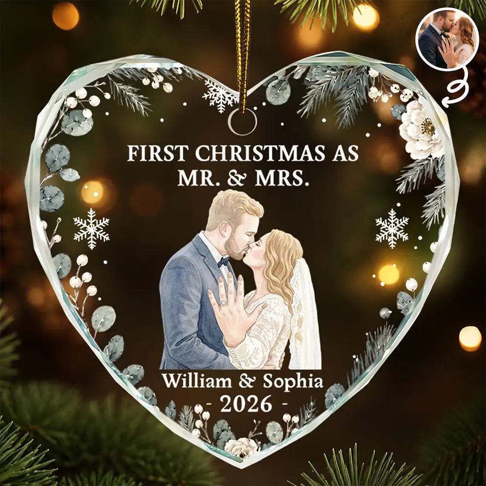 Custom Photo Realistic Watercolor Art First Christmas Married Romantic Couple - Personalized Heart Shaped Glass Ornament