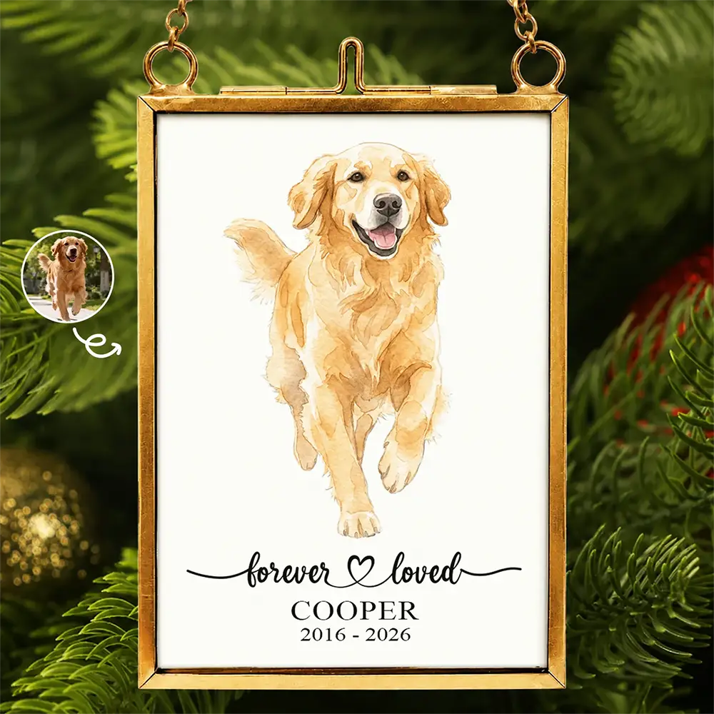 Custom Photo Realistic Watercolor Art Forever Loved Dog Cat Pet Loss - Personalized Metal Frame Ornament