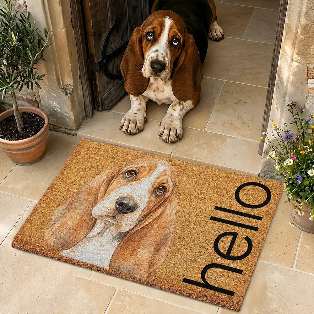 Custom Photo Realistic Watercolor Art Hello Welcome Lovely Pet Portrait - Personalized Coconut Doormat