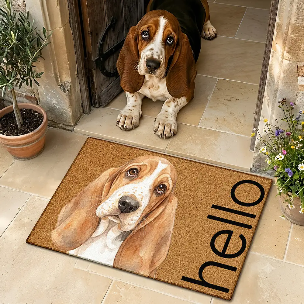 Custom Photo Realistic Watercolor Art Hello Welcome Lovely Pet Portrait - Personalized Doormat
