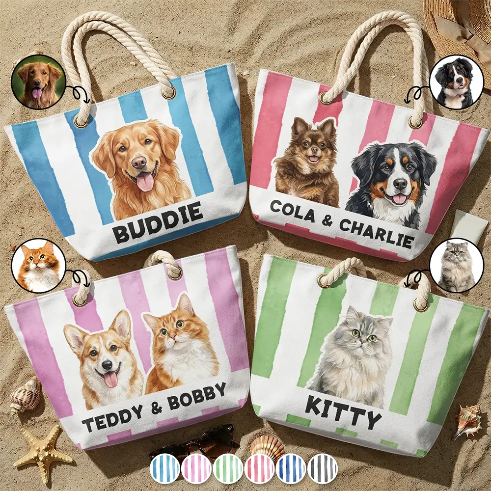 Custom Photo Realistic Watercolor Art Pet Portrait Pet Mom - Personalized Beach Bag