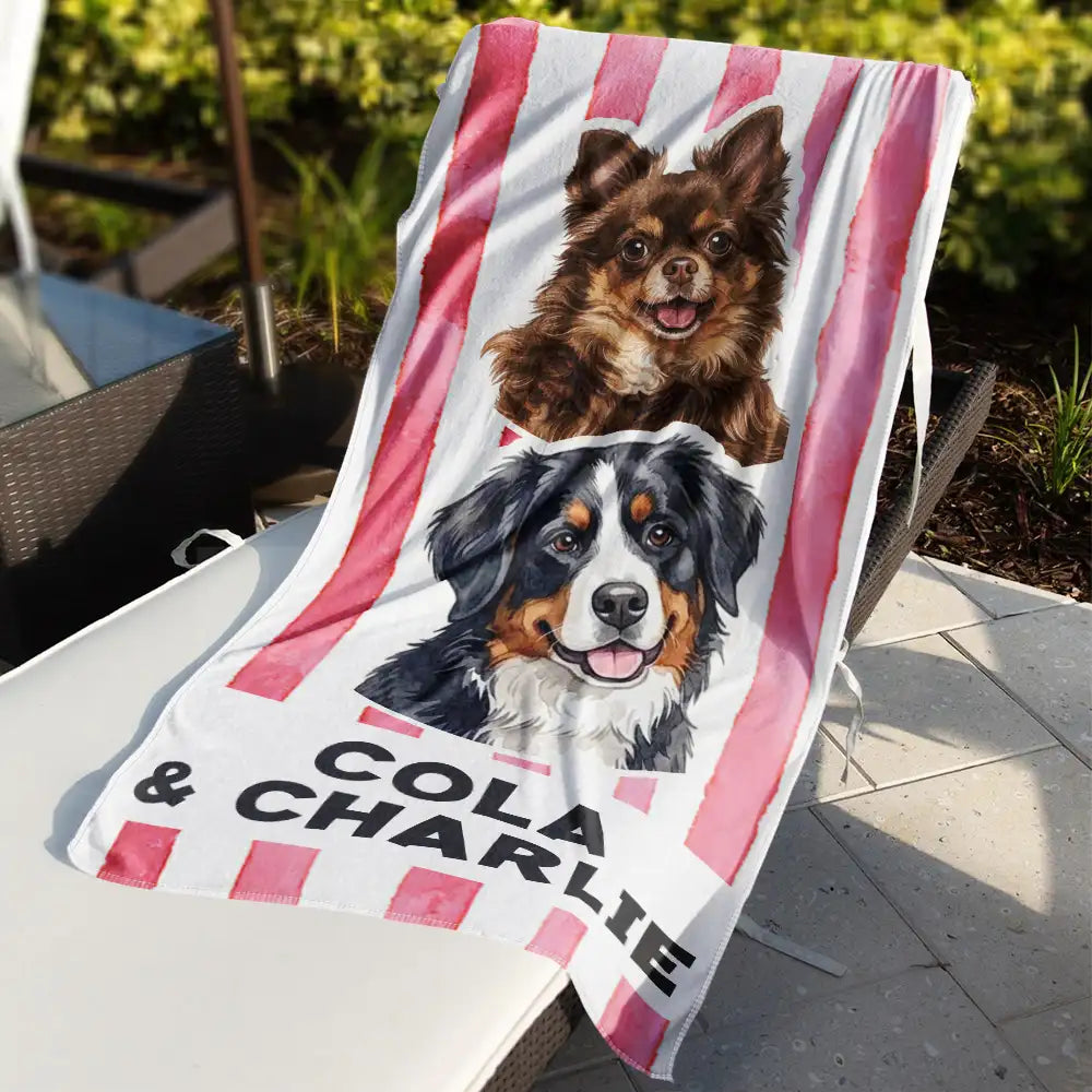 Custom Photo, Art Design, Summer, Pet Mom, Pet Lovers, Gift For Mother, Playful, Photo - Watercolor - Remove BG - Custom Photo Realistic Watercolor Art Pet Portrait Pet Mom - Personalized Beach Towel
