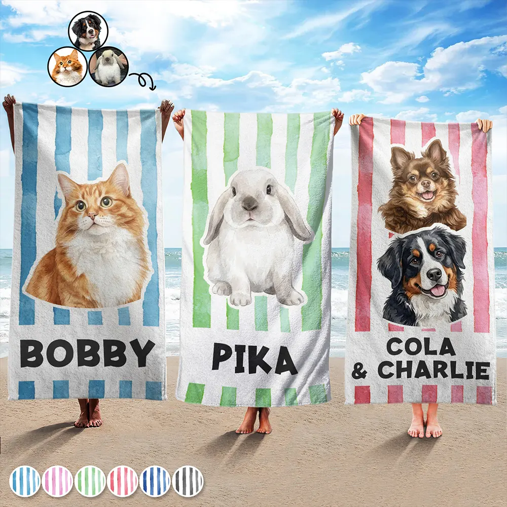 Custom Photo, Art Design, Summer, Pet Mom, Pet Lovers, Gift For Mother, Playful, Photo - Watercolor - Remove BG - Custom Photo Realistic Watercolor Art Pet Portrait Pet Mom - Personalized Beach Towel