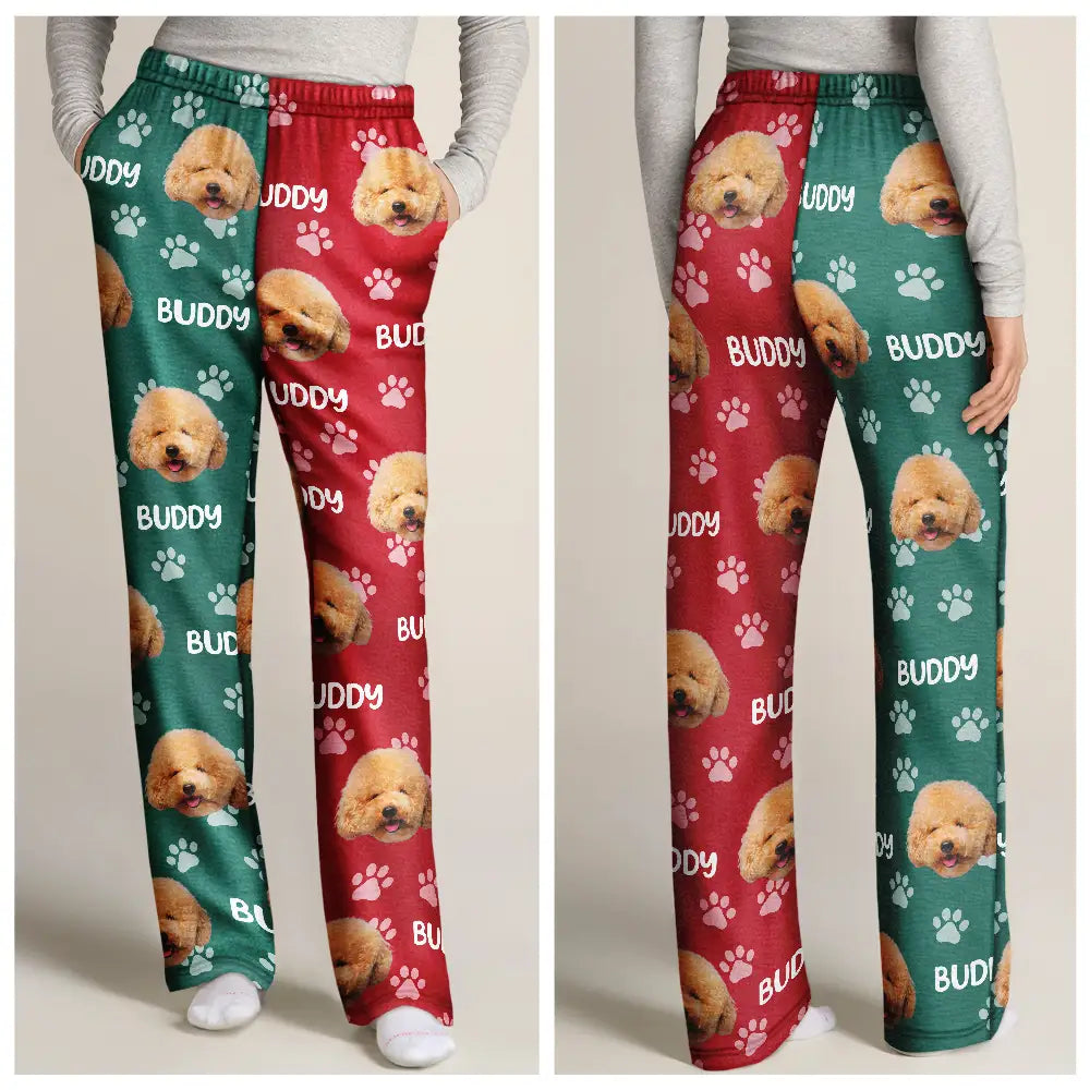 Funny,Pet Lovers,Custom Photo - Custom Photo Red Green Pet Face - Personalized Pajama Pants