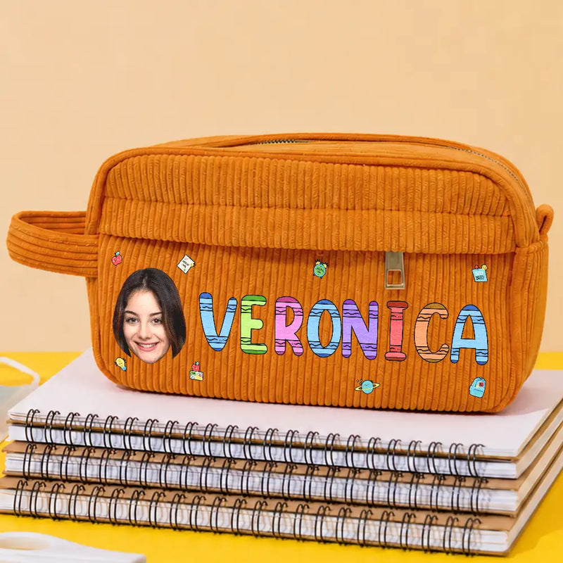 Back To School, Custom Photo, Gift For Kids, Confident, Cut-Face Photo - Custom Photo School Kids' Back To School - Personalized Corduroy Pencil Case