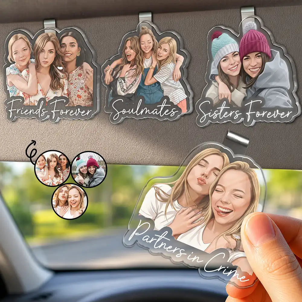 Custom Photo Semi Realistic Portrait Besties Forever - Personalized Custom Shaped Acrylic Car Visor Clip
