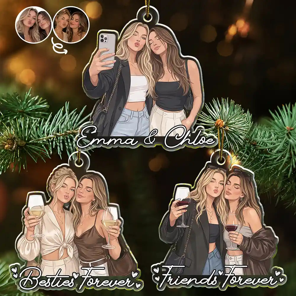 Custom Photo Semi Realistic Portrait Besties Friend Forever Together - Personalized Custom Shaped Acrylic Ornament