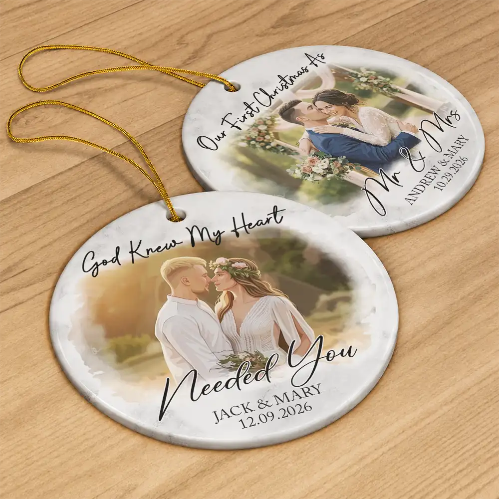 Art Design,Christmas,Married Couple,Romantic,Gift For Couples,Photo - Semi Realistic Portrait - Custom Photo Semi Realistic Portrait First Christmas As Mr & Mrs Couples - Personalized Circle Ceramic Ornament