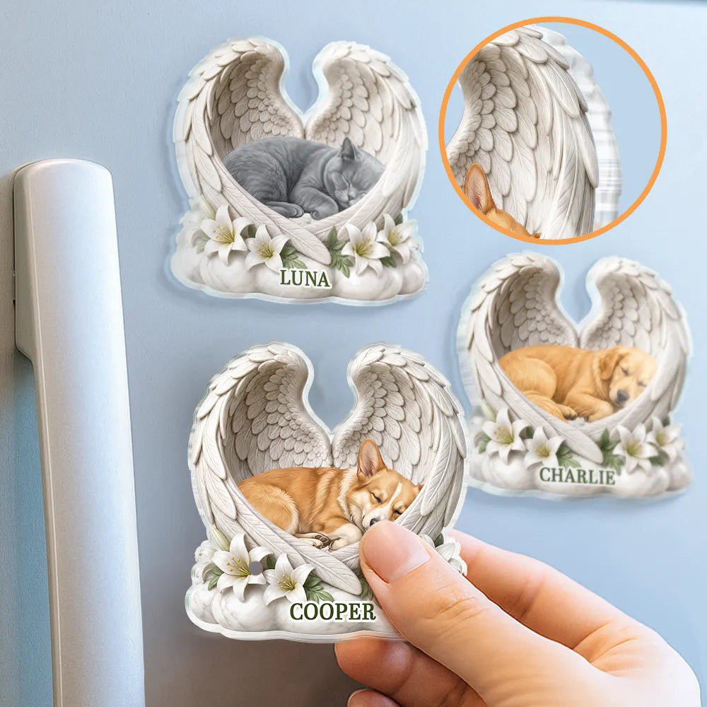 Art Design,Sentimental,Pet Lovers,Photo - Sleeping Dog Cat Baby - Custom Photo Sleeping Angel Dog Cat Angel Wings Memorial - Personalized Acrylic Magnet