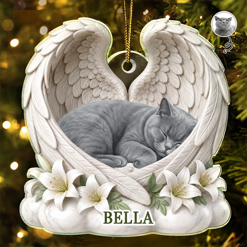 Art Design,Sentimental,Christmas,Pet Lovers,Photo - Sleeping Dog Cat Baby - Custom Photo Sleeping Angel Dog Cat Angel Wings Memorial - Personalized Custom Shaped Acrylic Ornament