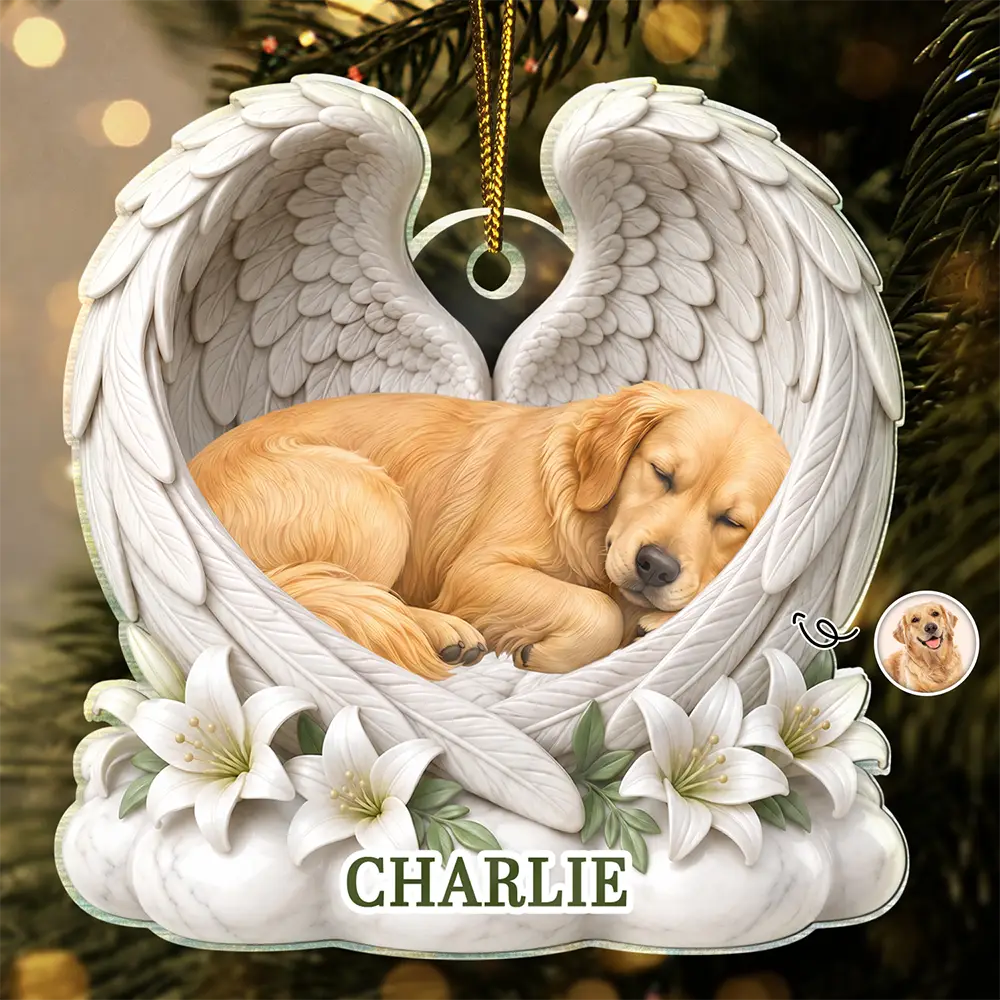 Custom Photo Sleeping Angel Dog Cat Angel Wings Memorial - Personalized Custom Shaped Acrylic Ornament