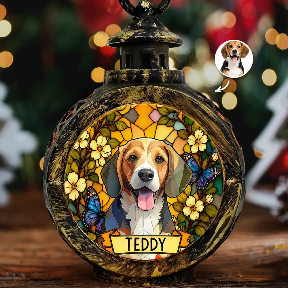 Custom Photo Stained Glass Memorial Dog Cat Portrait - Personalized Candlelight Lantern Ornament