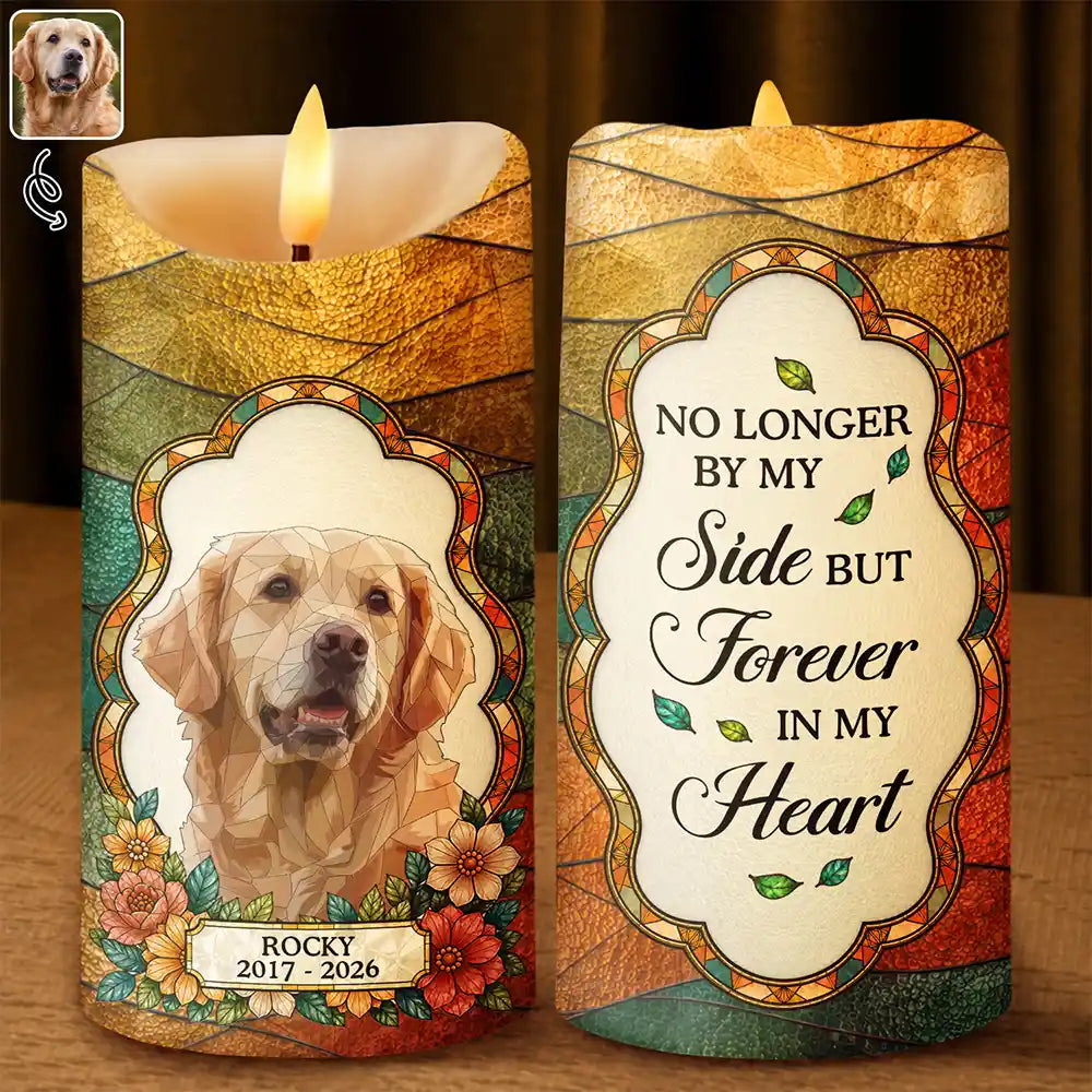 Custom Photo Stained Glass Memorial Pet Forever In My Heart Always Loved - Personalized Flameless LED Candle