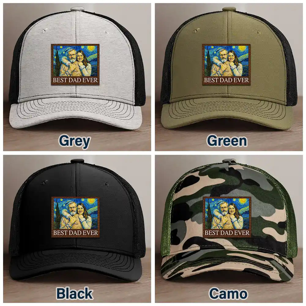 Gift For Father,Gift For Grandpa,Non-Eng,Photo - Pencil Sketch (Bold),Proud - Custom Photo Starry Night Best Dad Papa Ever - Personalized Leather Patch Hat