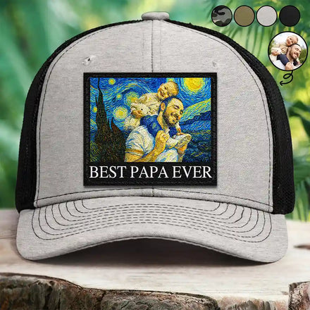 Custom Photo Starry Night Best Dad Papa Ever - Personalized Leather Patch Hat