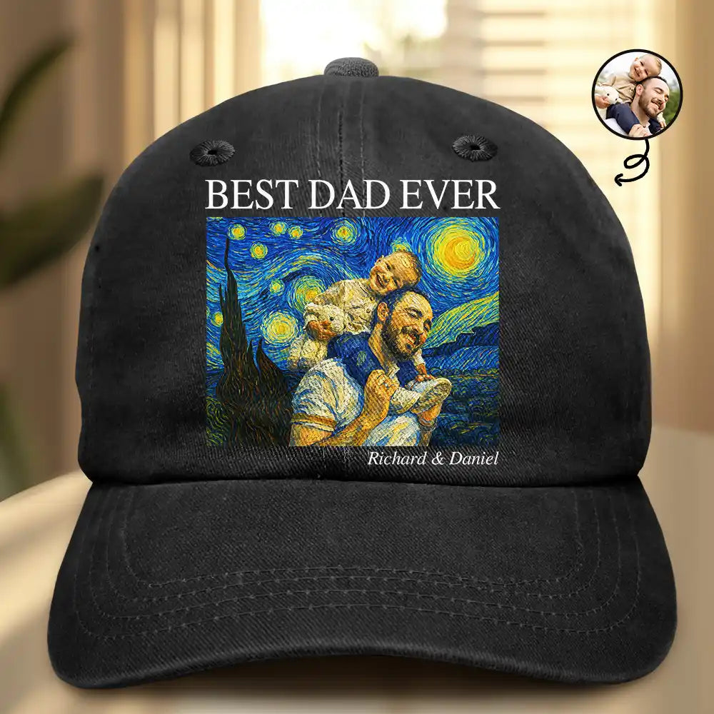 Custom Photo Starry Night Best Dad Papa Ever - Personalized Vintage Washed Denim Cap